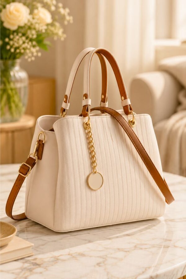 [The Luna Two-Tone Satchel] | Ribbed Cream & Caramel Leather Handbag